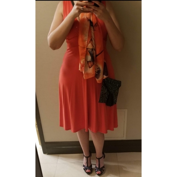 Deep Plunge V-Neck Front & Back, A-Line Midi Dress, Red, Size Large - Picture 4 of 12